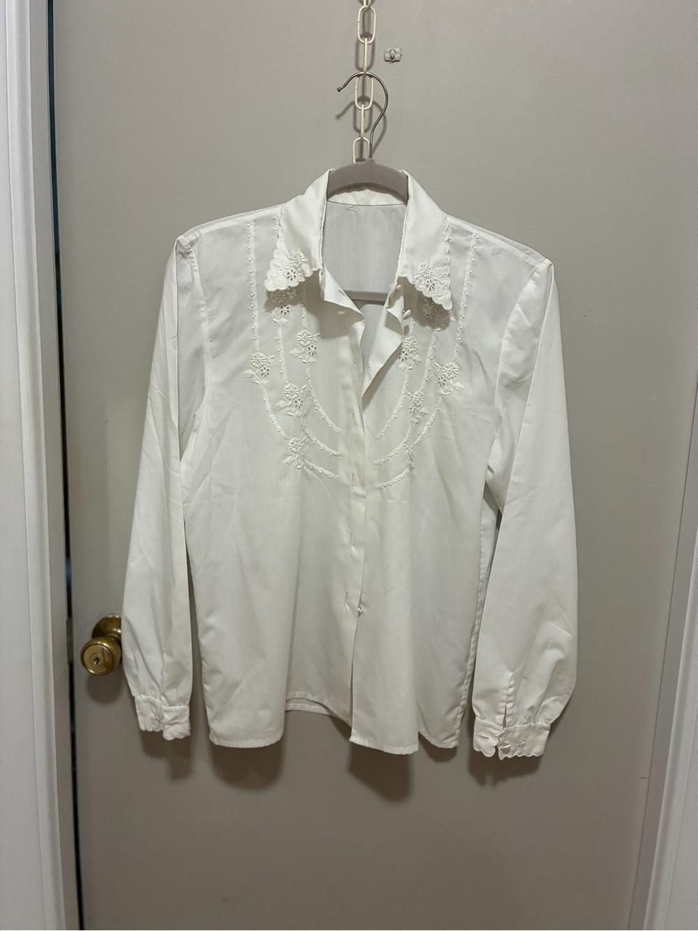 Vintage Madeira Embroidery White Button-Front Blouse